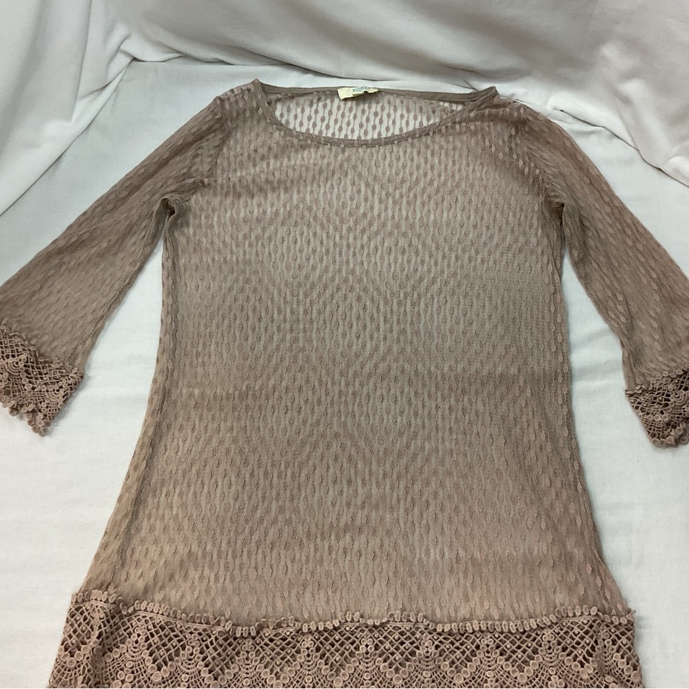 Kori America Women's Elegant Lace Trim Pink Top, 3/4 Sleeves, Size S‎